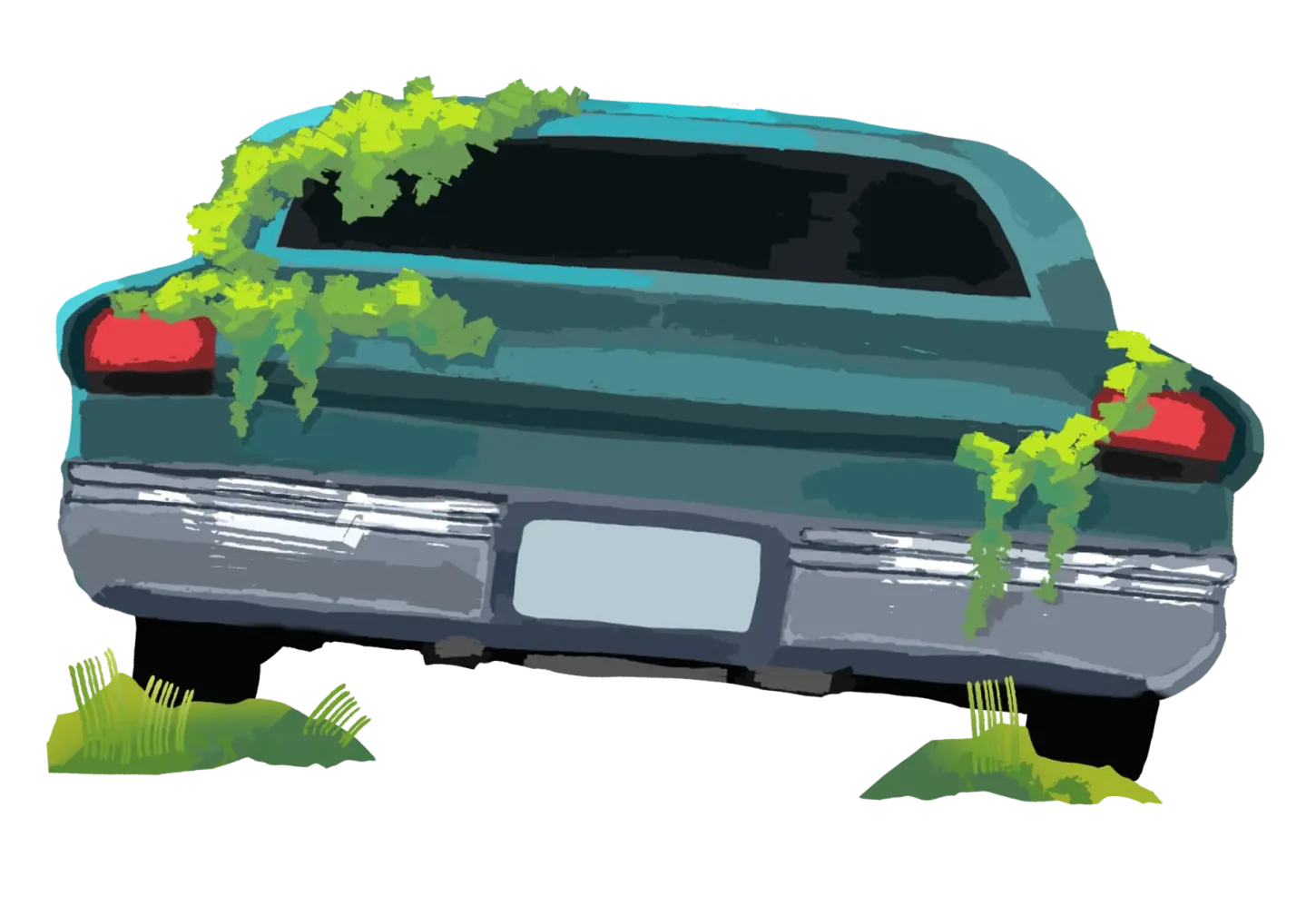 An overgrown car resting in the grass